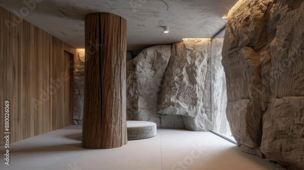 Obraz A supernatural home where furniture and fixtures are crafted from enchanted wood and stone, integrating natural elements with futuristic innovations with copy space, high tech