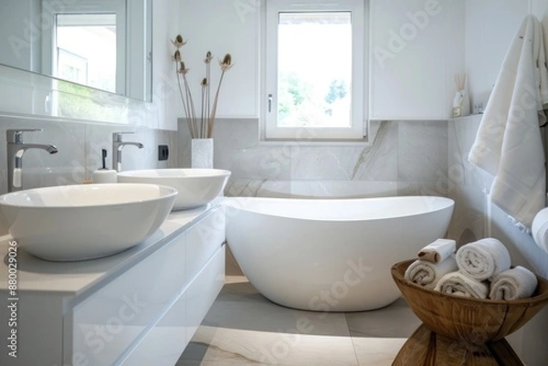 Fototapeta Modern and simple white bathroom with a focus on elegance