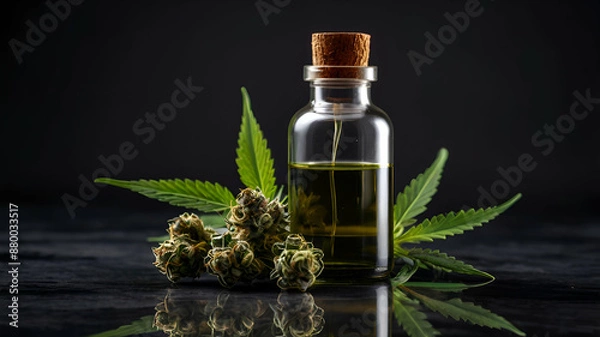 Fototapeta Marijuana and its essential oil with dark grey background.