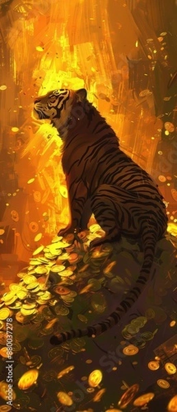 Fototapeta Silhouette of a tiger reclining on a pile of money and gold, financial essence, warm light, side angle, strong shadows