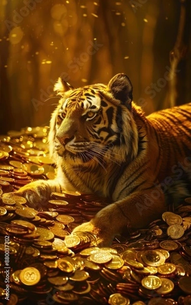 Fototapeta Tiger sprawled on a mound of gold coins, financial motif, bright lighting, low angle shot
