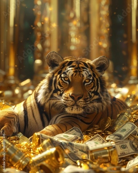 Fototapeta Tiger lounging on a pile of gold and money, financial theme, soft natural light, front angle, high clarity
