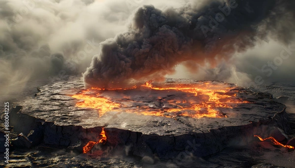 Fototapeta A breathtaking view of an active volcanic crater with glowing lava and thick smoke billowing into the sky, showcasing nature's raw power.