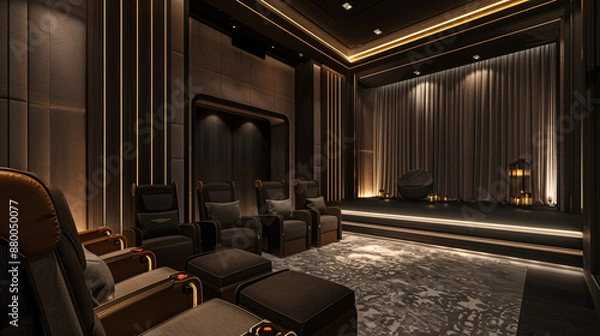 Fototapeta Elegant home theater with black acoustic walls and unlit projection screen

