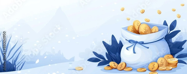 Fototapeta A blue bag filled with gold coins is on a snowy mountain. The bag is overflowing with coins, and the scene is peaceful and serene