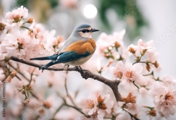 Obraz pattern plate bunch feather art flowers bird ai painting beak top flower drawing animal background tree floralpattern next sitting generative branch white