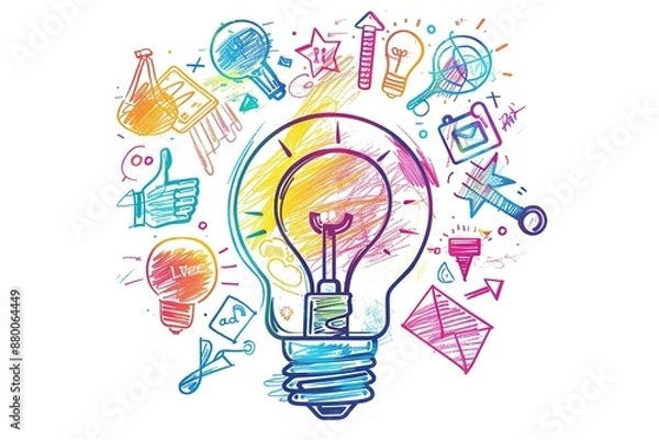 Fototapeta An artistic representation of an idea bulb with colorful doodles and icons representing various