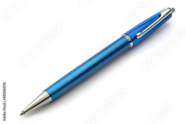 Fototapeta Sleek blue ballpoint pen with a metallic finish and silver accents, lying diagonally on a white background, perfect for office, school, and professional settings, combining elegance and functionality.