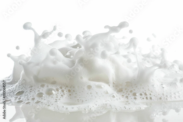 Fototapeta  milk splashing and frothing against a white background, capturing the dynamic movement and freshness of the liquid, perfect for food and beverage themes, dairy products, and advertisements.