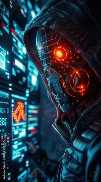 Fototapeta A person in a futuristic cyborg mask with glowing eyes, surrounded by high-tech screens in a dark, cybernetic environment.