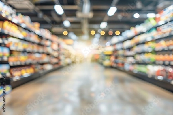 Obraz A blurred background of a grocery store interior with shelves filled with products,