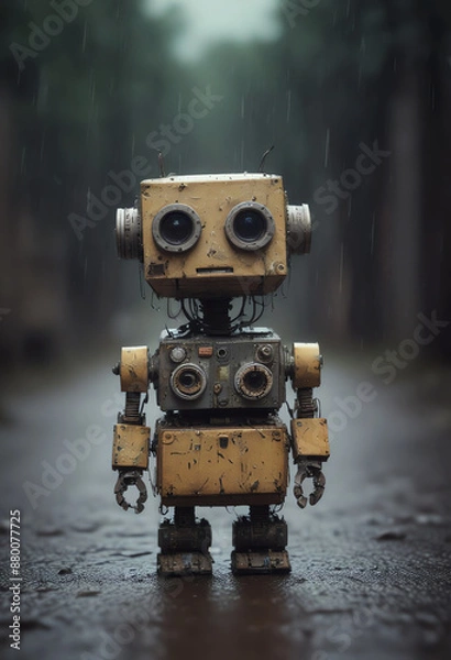 Fototapeta Small robot, cute robot, rectangular body, expressive binocular-like eyes, heavy rain, very sad, lonely