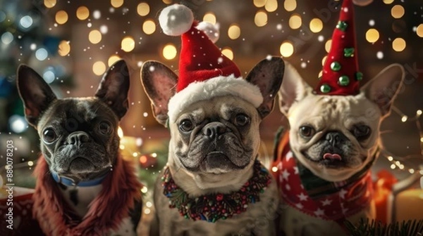 Fototapeta A dogs are wearing Santa hats and standing in front of a Christmas tree. They are all smiling and seem to be enjoying the festive atmosphere