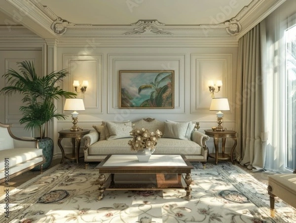 Fototapeta Cozy living room with vintage furniture and stylish decor