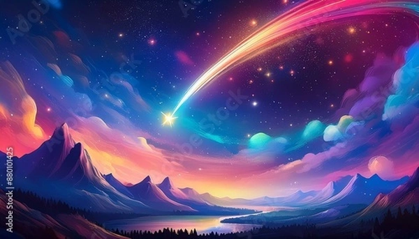 Fototapeta Illustration of a shooting star in space in the style of fauvism, neon lights, vibrant colors, soft shadows, cinematic lighting, sharp focus, high resolution, high quality, high details, rendered with