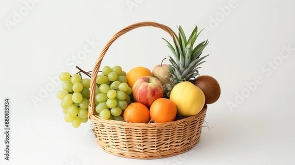 Fototapeta A woven basket filled with fresh fruits including grapes, pineapple, apples, oranges, and lemons against a white background.