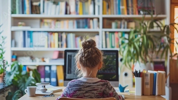 Fototapeta A child learning at home using a computer with educational software, surrounded by books and learning materials, representing remote education technology