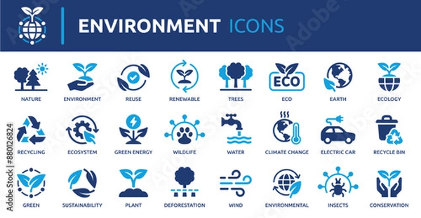 Fototapeta Environment icon set. Containing recycling, plant, nature, eco, earth, green energy, trees, ecology and more. Solid vector icons collection.