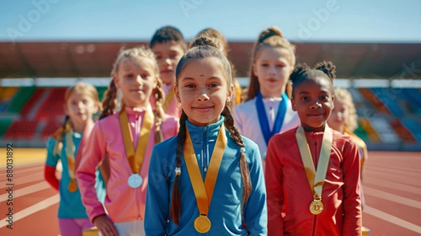Fototapeta Olympiad Gold Medal Winners, Group of Kids in a Row Standing on the Podium Celebrating Their Success
