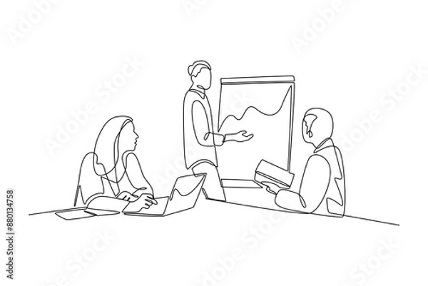 Fototapeta Single continuous line drawing of businessman meeting and presentation in the office illustration