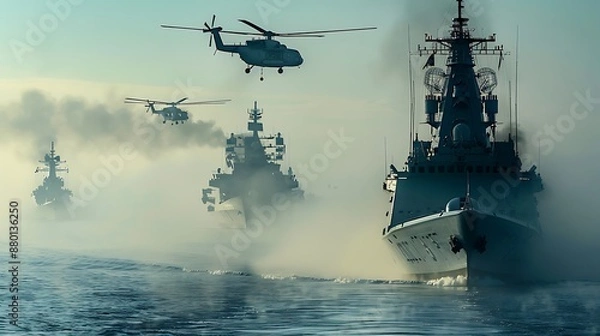 Fototapeta Military Fleet Navigating Through Fog