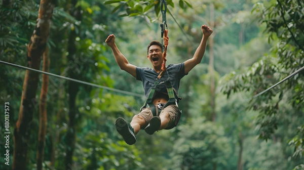 Fototapeta A man excitedly ziplining through a dense forest, showcasing the thrill of outdoor adventure and nature exploration.