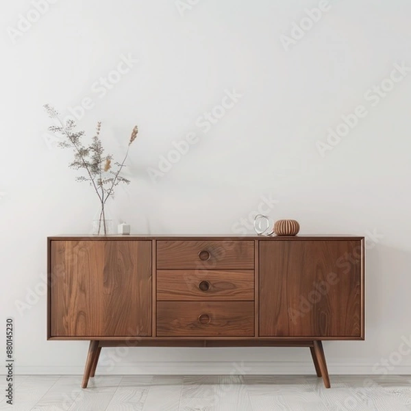 Obraz Stylish chestnut sideboard with midcentury modern design against a white empty wall, perfect for contemporary interiors