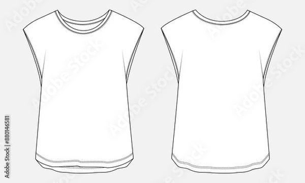 Fototapeta Sleeveless t shirt tops blouse for ladies technical drawing fashion flat sketch vector illustration template front and back views