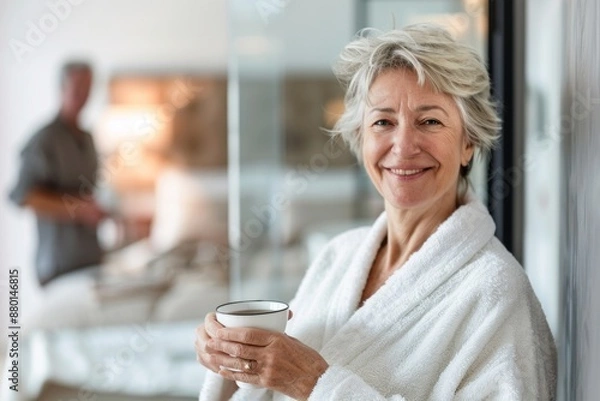 Fototapeta Portrait of a happy senior woman in a bathrobe holding a coffee cup while standing near the bathroom with a blurred husband getting ready for the day. People and lifestyle concept.