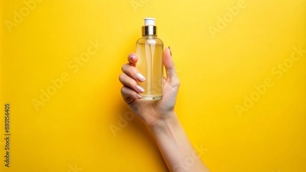Obraz Isolated yellow background features a delicate feminine hand cradling a sleek translucent bottle, accentuating elegance and sophistication.