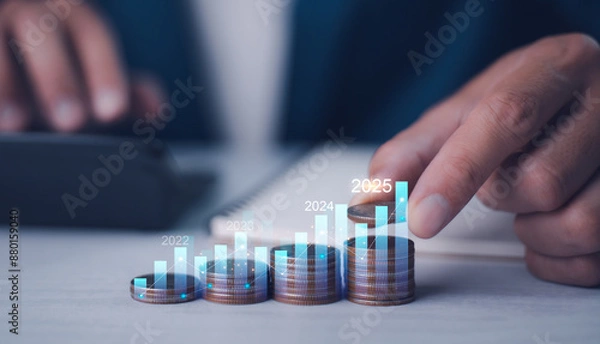 Fototapeta Financial growth trend concept, business strategy. Performance of profit growth on 2024 to 2025 education trend up finance on growth graph money revenue, Businessman analyzes profitability of working.