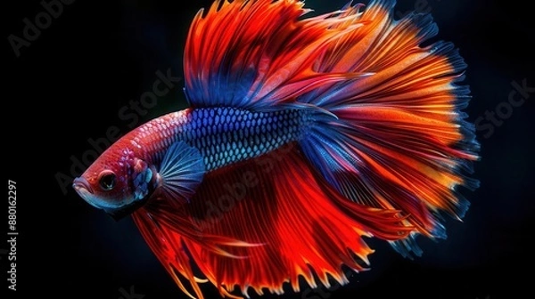 Fototapeta Artistic interpretation of a colorful Betta fish, its long tail elegantly fanning out in a dance-like motion in crystal-clear water
