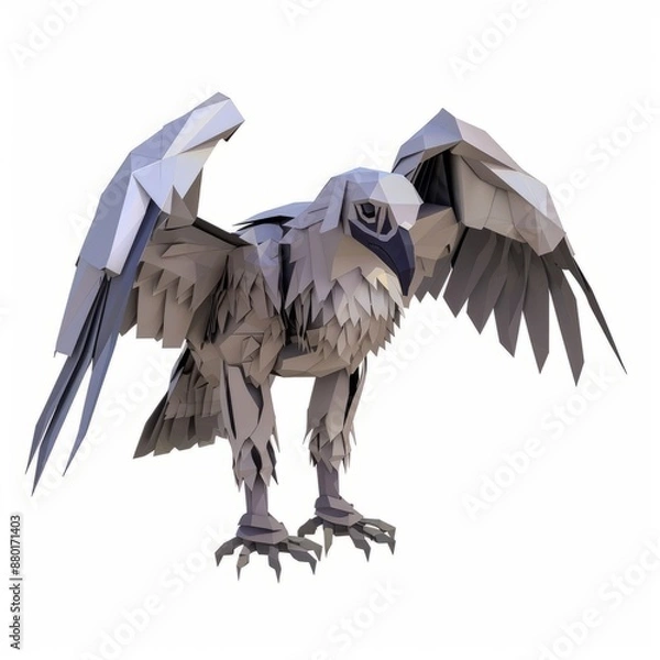 Fototapeta 3D Render, Low Poly style of a skeletal vulture, on isolated white background, Generative AI