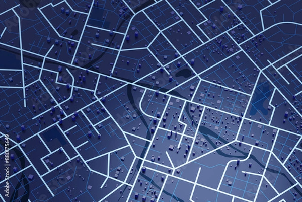 Obraz 3D rendering city map illustration of a city map created using 3D modeling. Top view of Urban map with main road and sub road detailed representation of a city