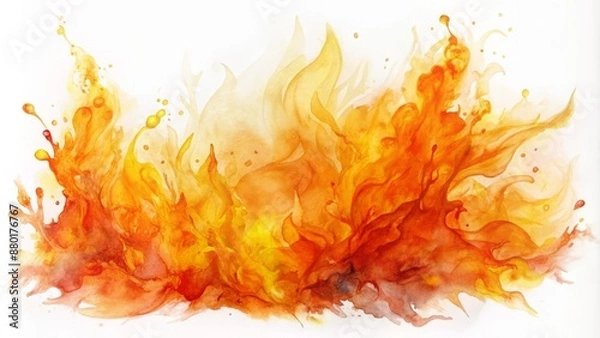 Fototapeta Vibrant orange and yellow watercolor flames dance across a pristine white background, evoking passion, energy, and creative intensity.