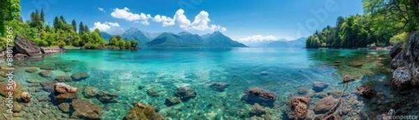 Fototapeta Serene Summer Day at a Crystal Clear Lake, Breathtaking Nature Scenery with Lush Greenery and Tranquil Waters, Perfect for Relaxation and Escape