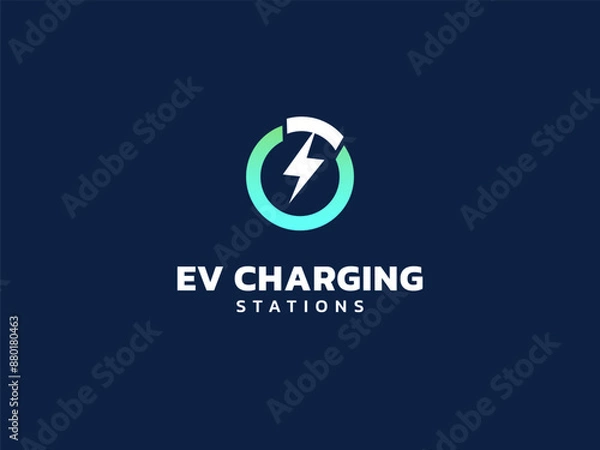 Fototapeta Electric vehicle charging with lightning bolt symbol in circle logo vector design concept. EV charging logotype symbol for Electric Car, EV station, ui, business, infographic, tech, clean energy, web.