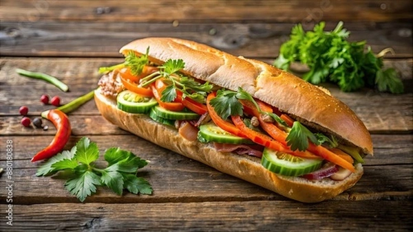 Fototapeta Vietnamese Banh Mi sandwich with fresh ingredients on a rustic wooden background, Vietnamese, Banh Mi, sandwich