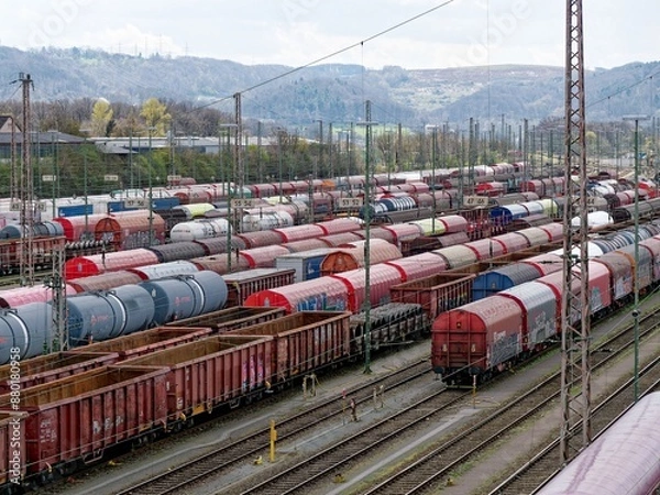 Fototapeta View of a marshalling yard with freight cars