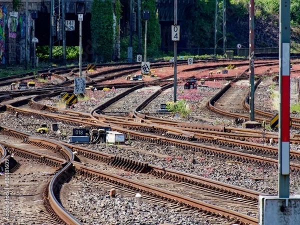 Fototapeta Railroad tracks and switches near central station in Hagen, Germany