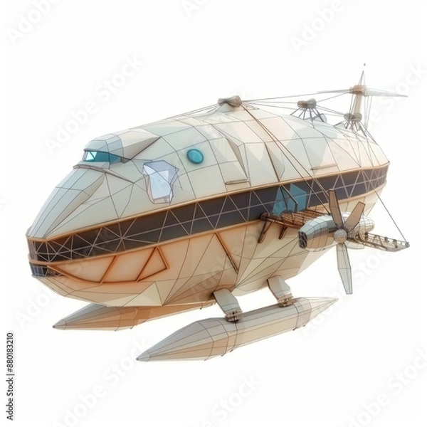 Fototapeta 3D Render, Low Poly style of a futuristic airship, on isolated white background, Generative AI