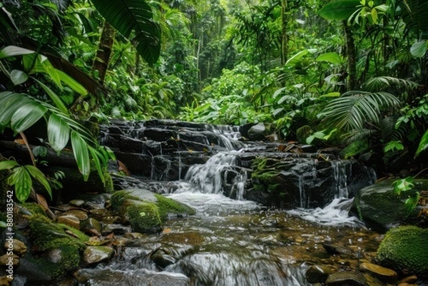 Fototapeta A scenic hike through the lush trails of a tropical rainforest, with waterfalls, exotic plants, and diverse wildlife