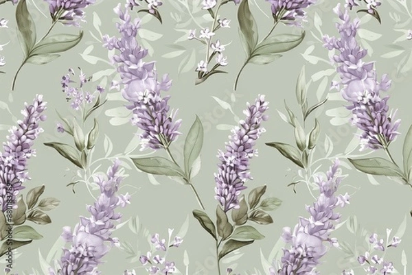 Fototapeta Calm Lavender Blooms, Bohemian and Minimalist Styles, Seamless Pattern with Flowers and Leaves. Hand Drawn Background. Floral Pattern for Tiled and tillable, Wallpaper, wrapping paper design, textile