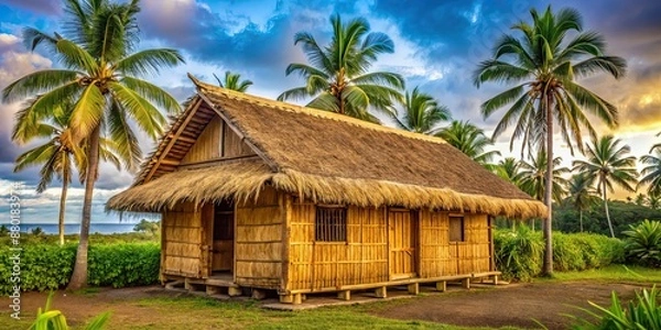 Fototapeta Traditional Hawaiian village home made of bamboo and palm leaves, Hawaii, culture, traditional, village