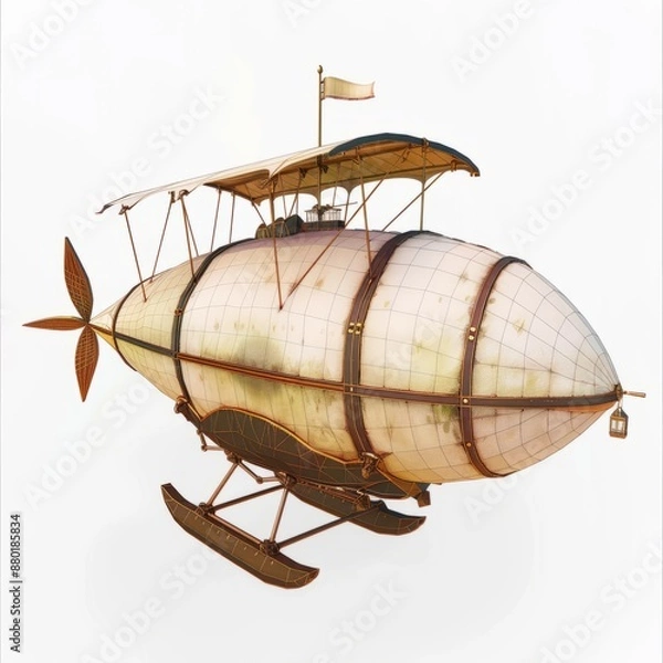 Fototapeta 3D Render, Low Poly style of a Victorian-era airship, on isolated white background, Generative AI
