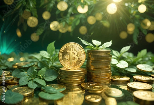Fototapeta Stacks of gold bit coins with a small plant, against a green background with light rays