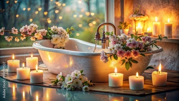 Fototapeta Ethereal still life of luxurious bath setting with delicate flowers, soft candlelight, and pristine water, evoking serene pampering ambiance.