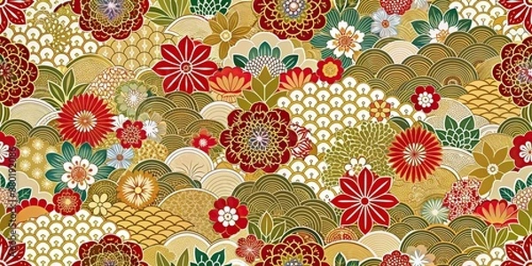 Fototapeta Traditional Japanese seamless pattern featuring intricate designs and motifs, Japan, seamless, traditional, pattern