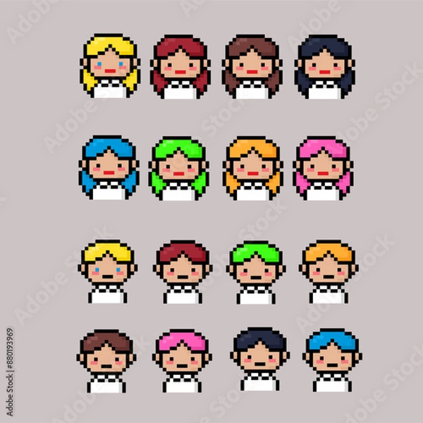 Fototapeta set of pixel art boy and girl student vector game 8 bit icon logo.