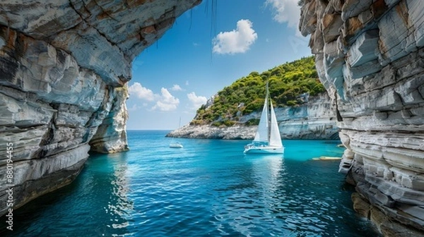 Fototapeta A photo capturing the caves in the Blue Lagoon and the iconic Erimits white rocky cliffs, a favored spot for sailboats and yachts, on Paxos island in the Ionian Sea, Greece.